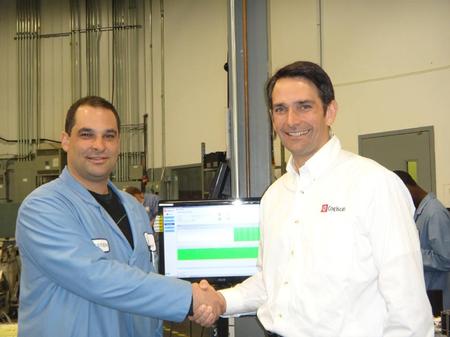 From left to right: Sébastien Canuel, Varitron’s Production Manager, and Vincent Dubois, Cogiscan Co-President 