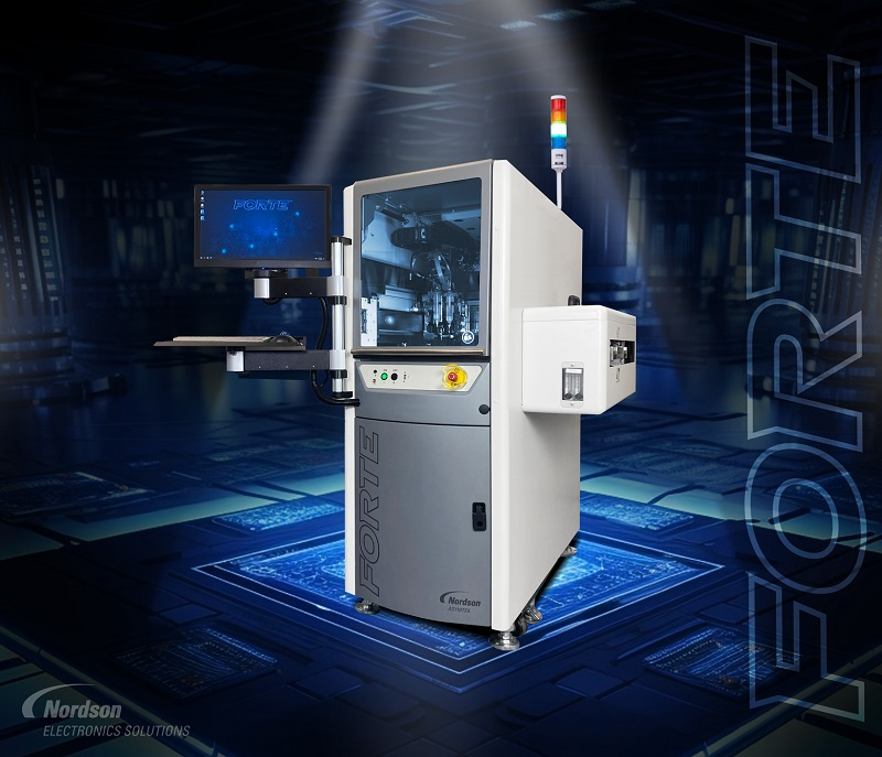 The ASYMTEK Forte® fluid dispensing system from Nordson Electronics Solutions offers exceptional dispensing productivity and accuracy for high-volume consumer electronics, flexible circuit, MEMs, and electromechanical assembly applications in a space-saving footprint.