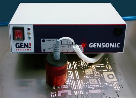 The Gensonic is a manually-operated, ultrasonic transducer unit for cleaning stencils used in printing solder pastes and adhesives. It can be used either directly on the printer or at a separate cleaning station.