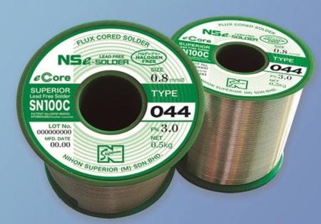 SN100C (044) is a halogen-free high-reliability no-clean flux-cored lead-free solder wire that does not contain F, Cl, Br and I.