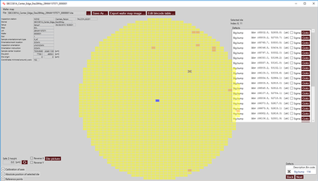 The wafer map control screen, offers import of multiple wafer map file formats and shows defects and tested positions. Large wafer maps are loaded culture invariant and displayed better and faster.