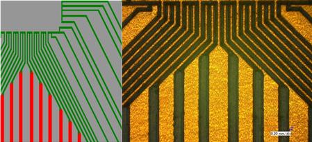 Layout data (grey= copper, green = laser tool, red = EndMill 150 µm) and structured PCB by ProtoMat D104