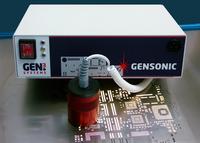 The Gensonic is a manually-operated, ultrasonic transducer unit for cleaning stencils used in printing solder pastes and adhesives. It can be used either directly on the printer or at a separate cleaning station.